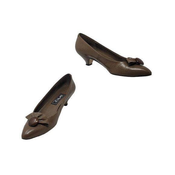 Vintage Spain Leather Kitten Heels 7M Brown 3D Bow Button Accent Secretary Geek - Picture 10 of 10